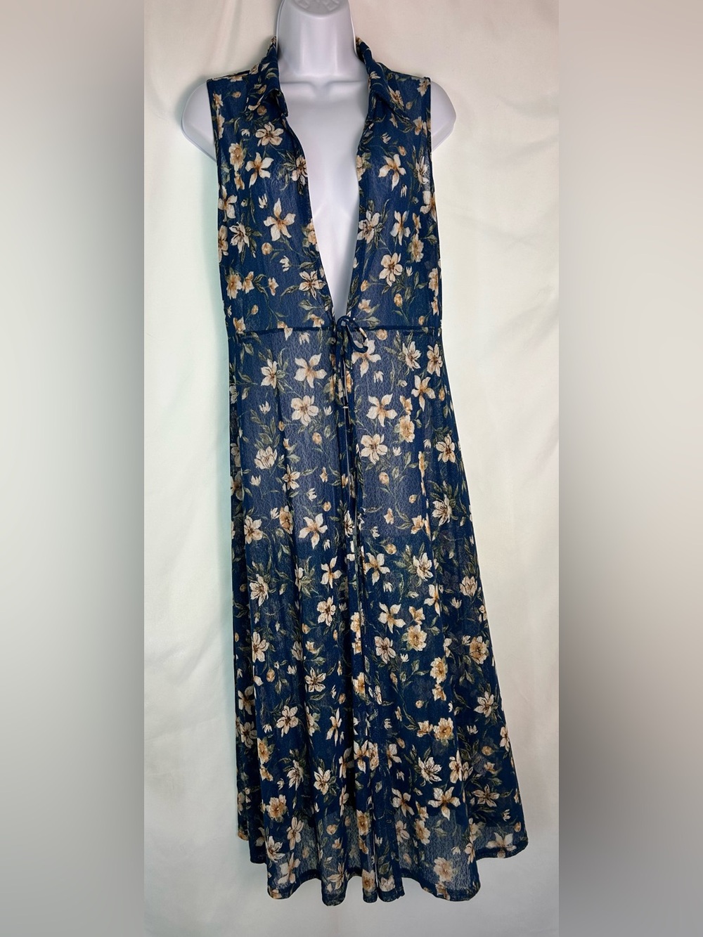 Ember Floral Wrap Tie Dress Blue Cottagecore Boho Midi Large